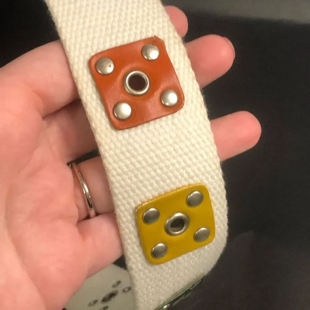 White Canvas‎ Webbing Belt Multi Color Studded Grommet Y2K Style Size M S051349